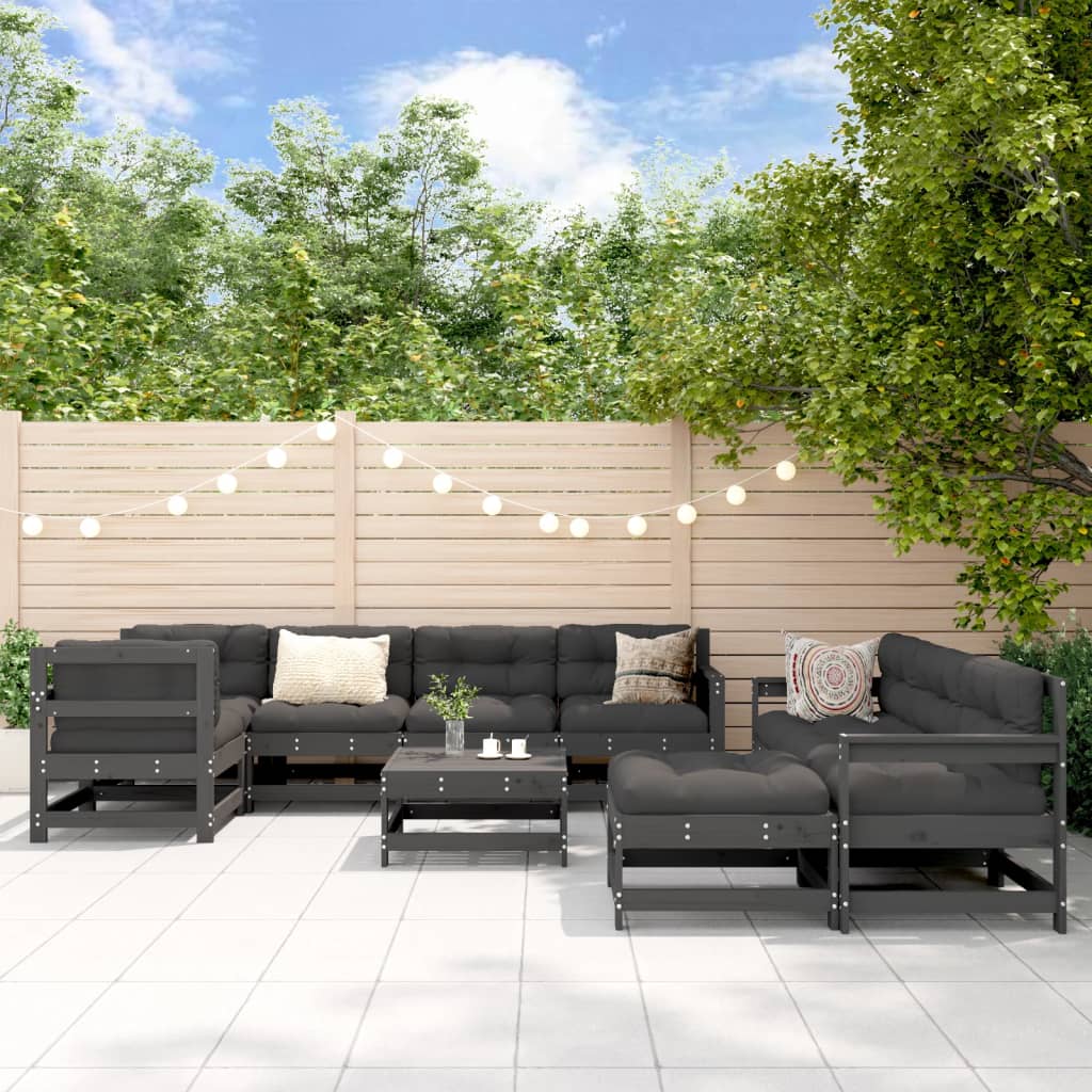 vidaXL loungesæt til haven 10 dele med hynder massivt træ grå