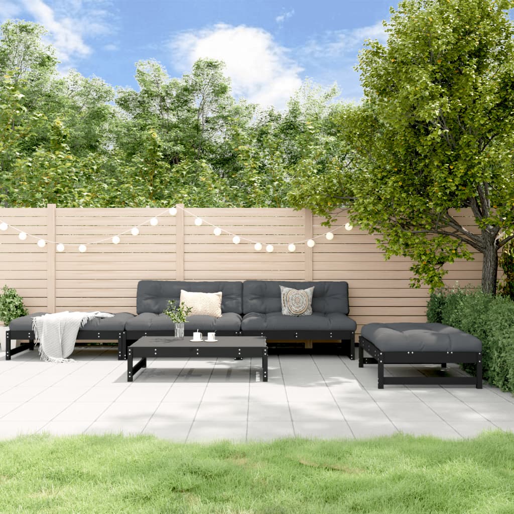 Salon de jardin 5 pcs avec coussins noir bois massif