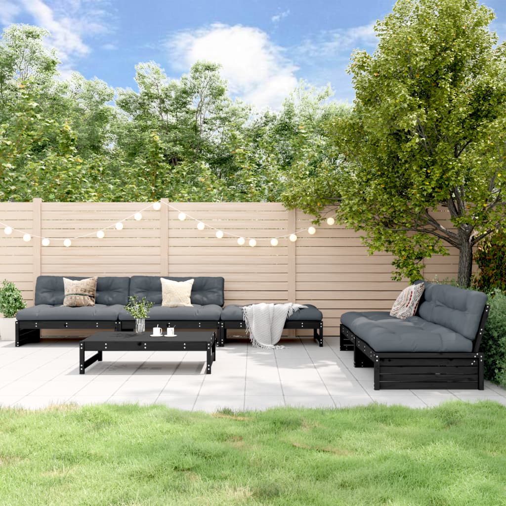 Salon de jardin 6 pcs avec coussins noir bois massif