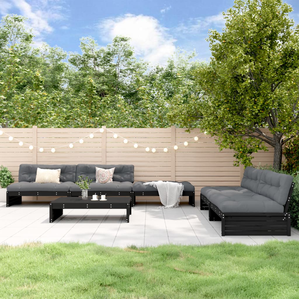 vidaXL 6pcs conjunto lounge jardim c/ almofadões madeira maciça preto