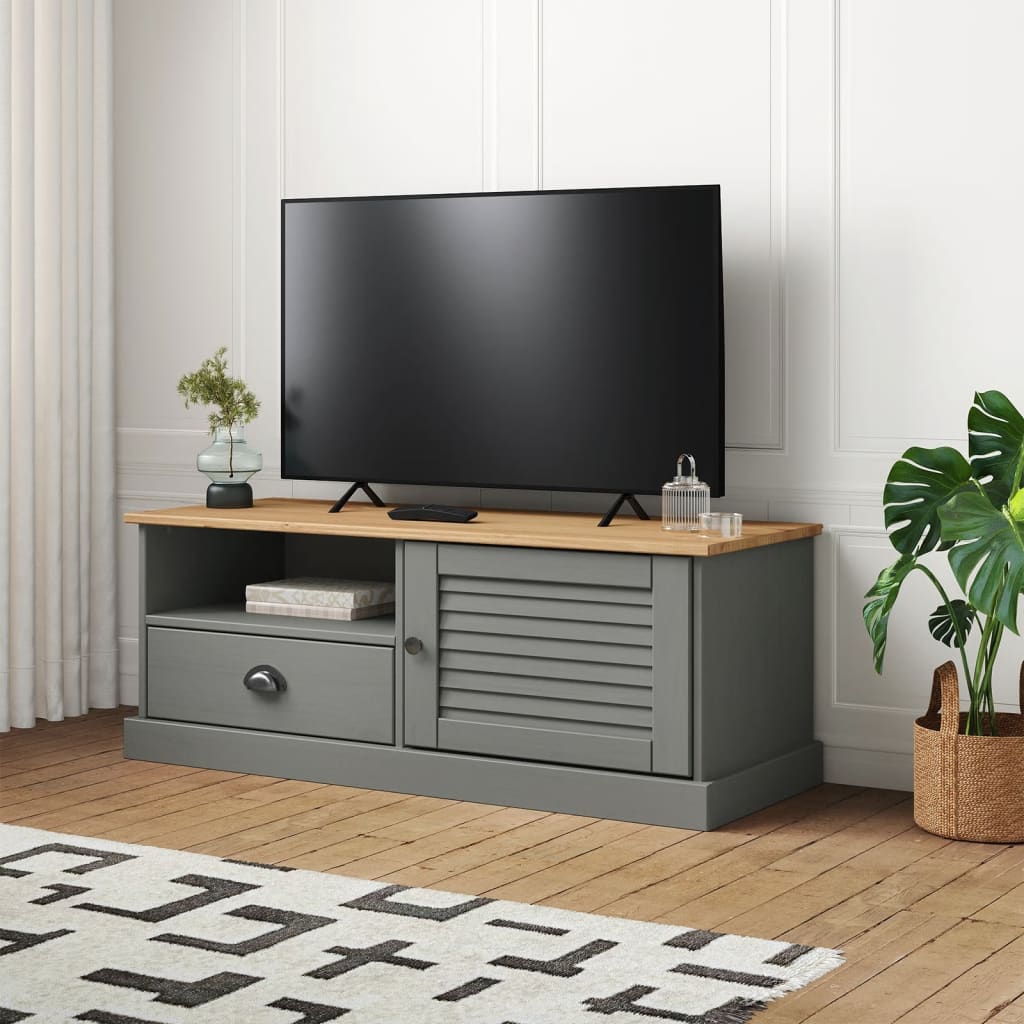 Szafka pod TV VIGO, szara, 106x40x40 cm, lite drewno sosnowe