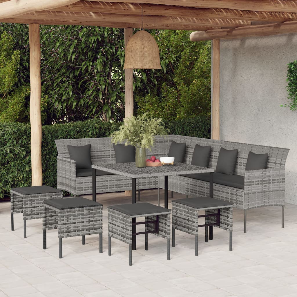 vidaXL 6-tlg. Garten-Essgruppe mit Kissen Grau Poly Rattan