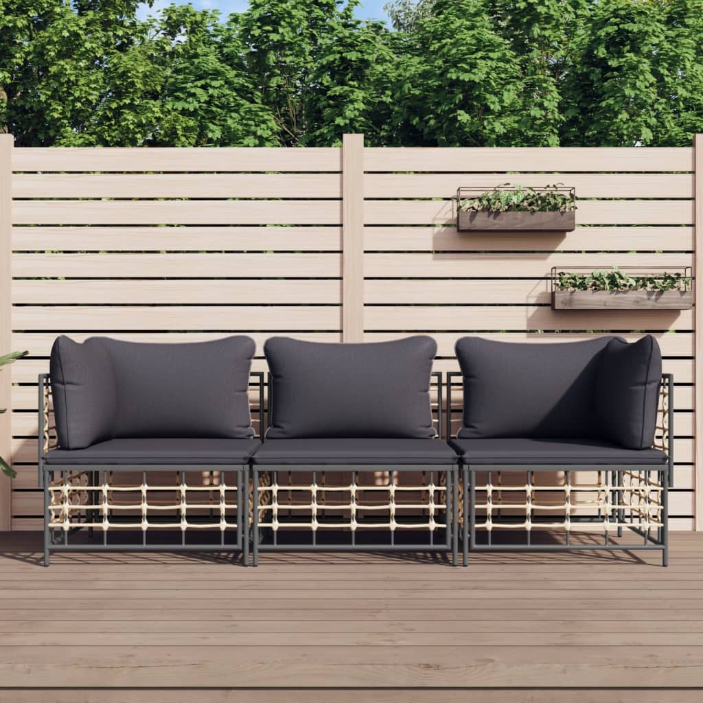 vidaXL 3-tlg. Garten-Lounge-Set mit Kissen Anthrazit Poly Rattan