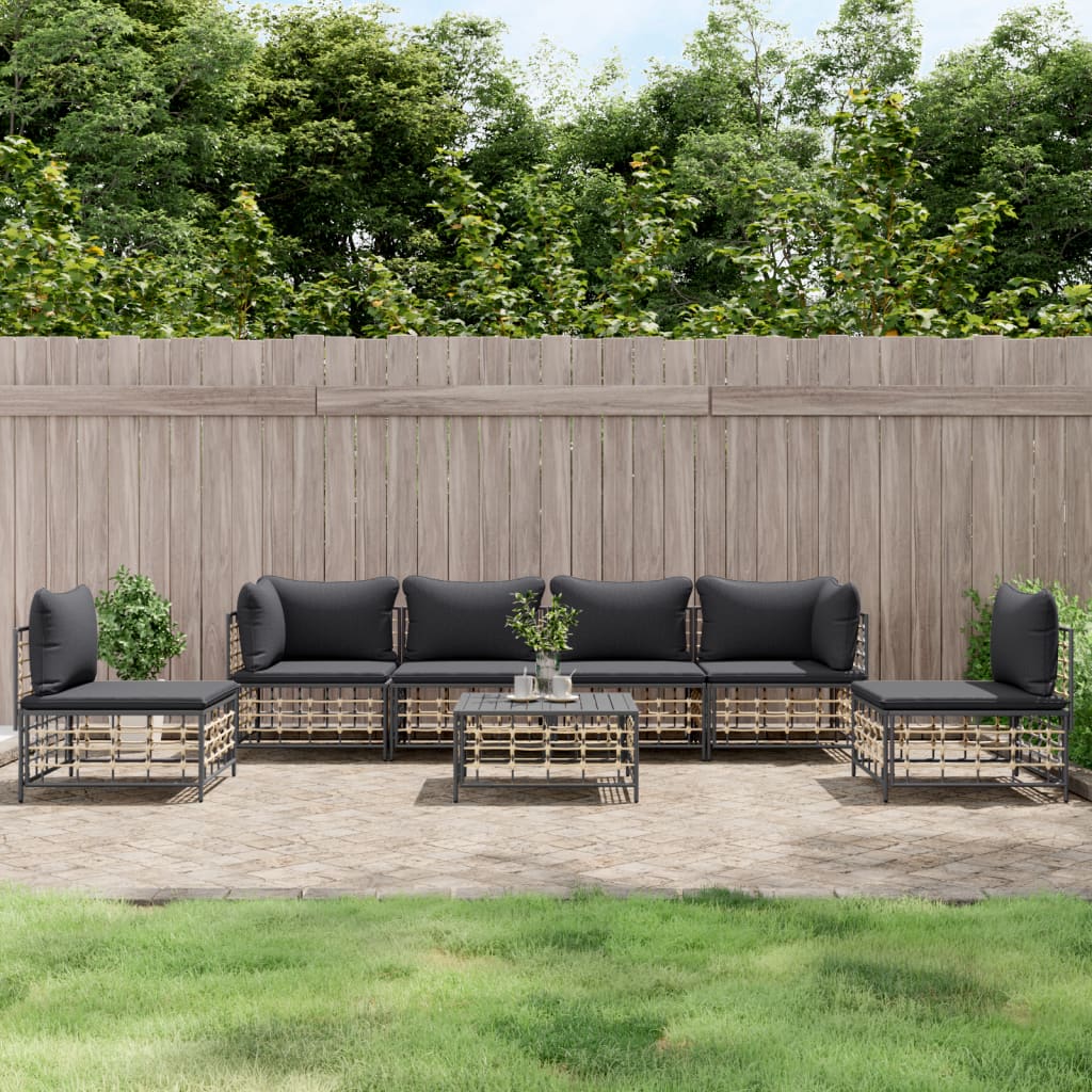 vidaXL 7-tlg. Garten-Lounge-Set mit Kissen Anthrazit Poly Rattan