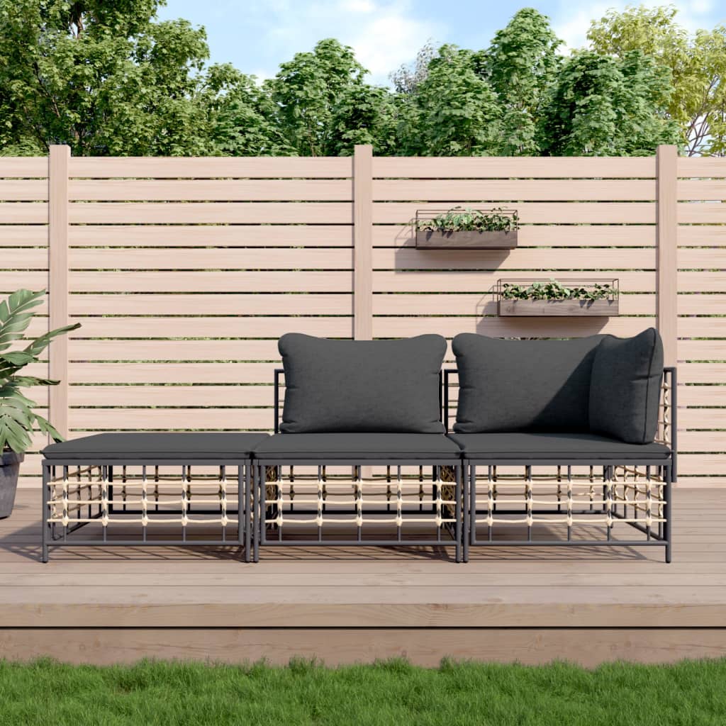 vida XL 3-tlg. Garten-Lounge-Set mit Kissen Anthrazit Poly Rattan