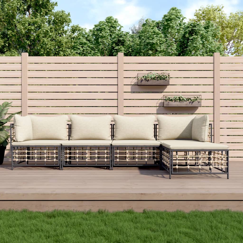 5-tlg. Garten-Lounge-Set mit Kissen Anthrazit Poly Rattan