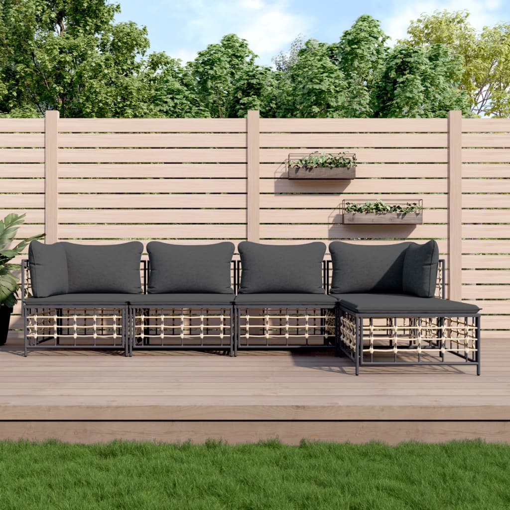 vida XL 5-tlg. Garten-Lounge-Set mit Kissen Anthrazit Poly Rattan