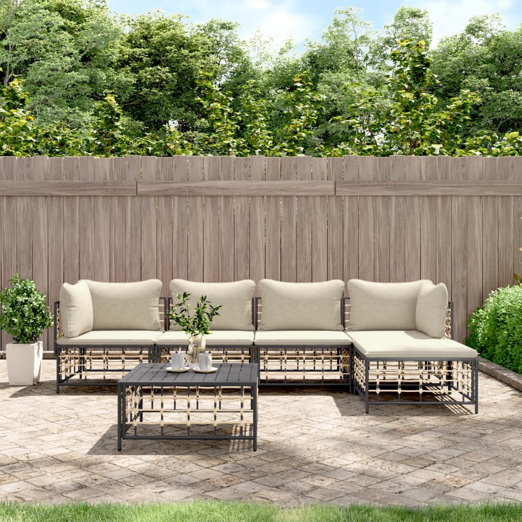vida XL 6-tlg. Garten-Lounge-Set mit Kissen Anthrazit Poly Rattan