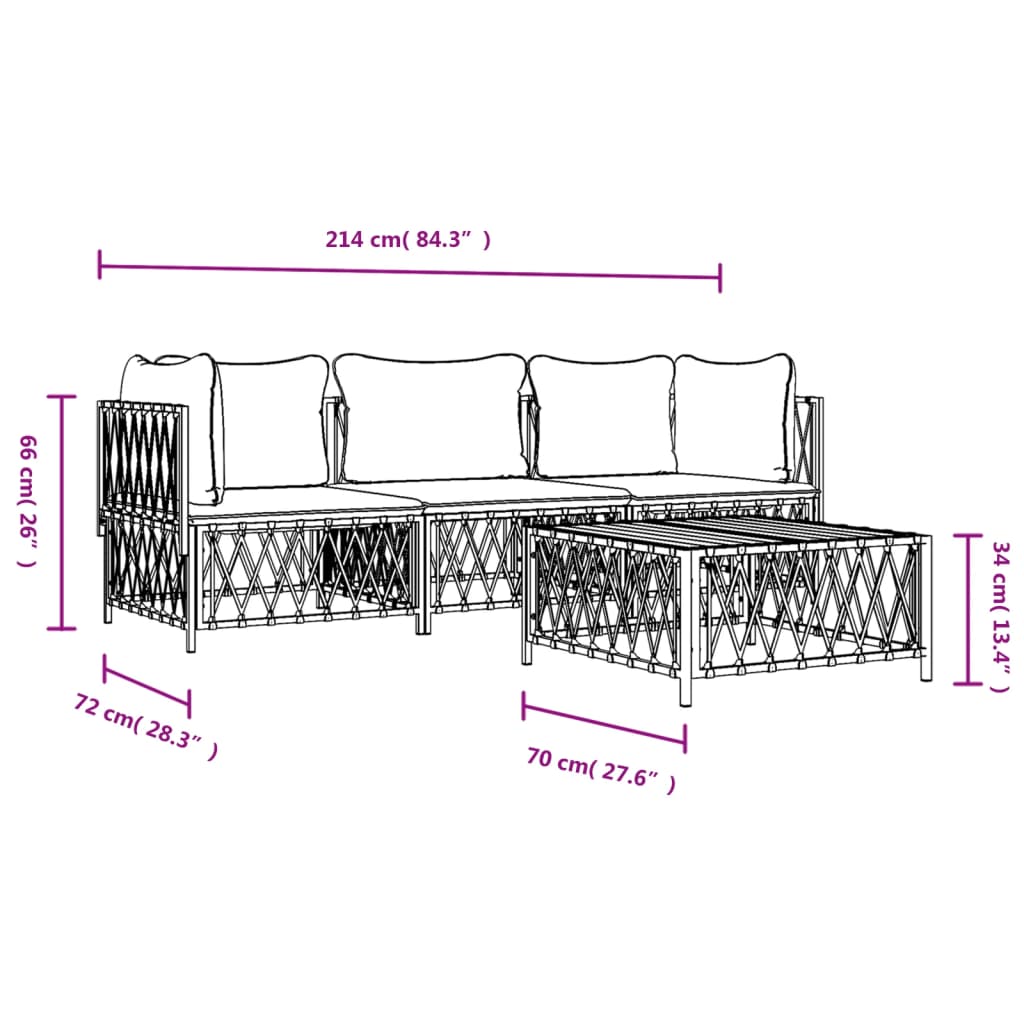 Set mobilier de grădină, 4 piese, cu perne, alb, oțel