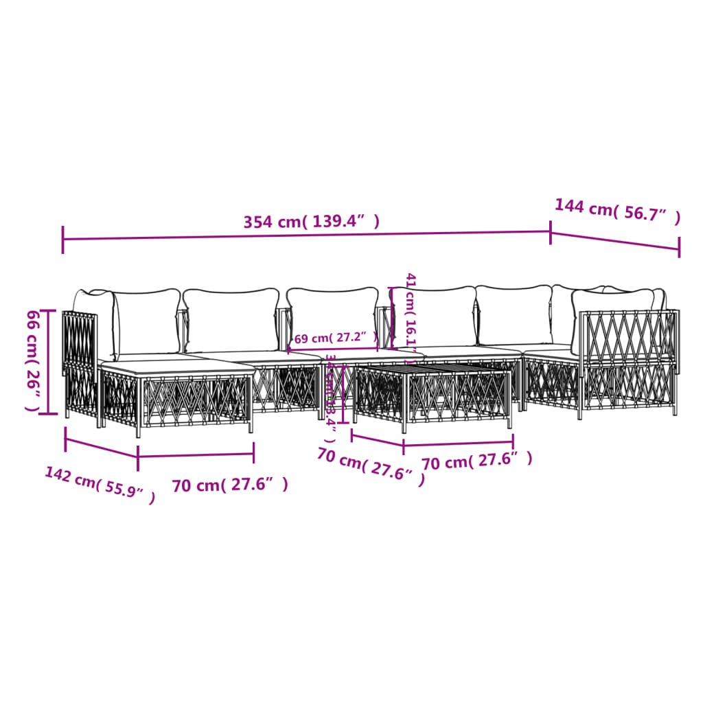 Set mobilier de grădină, 8 piese, cu perne, alb, oțel