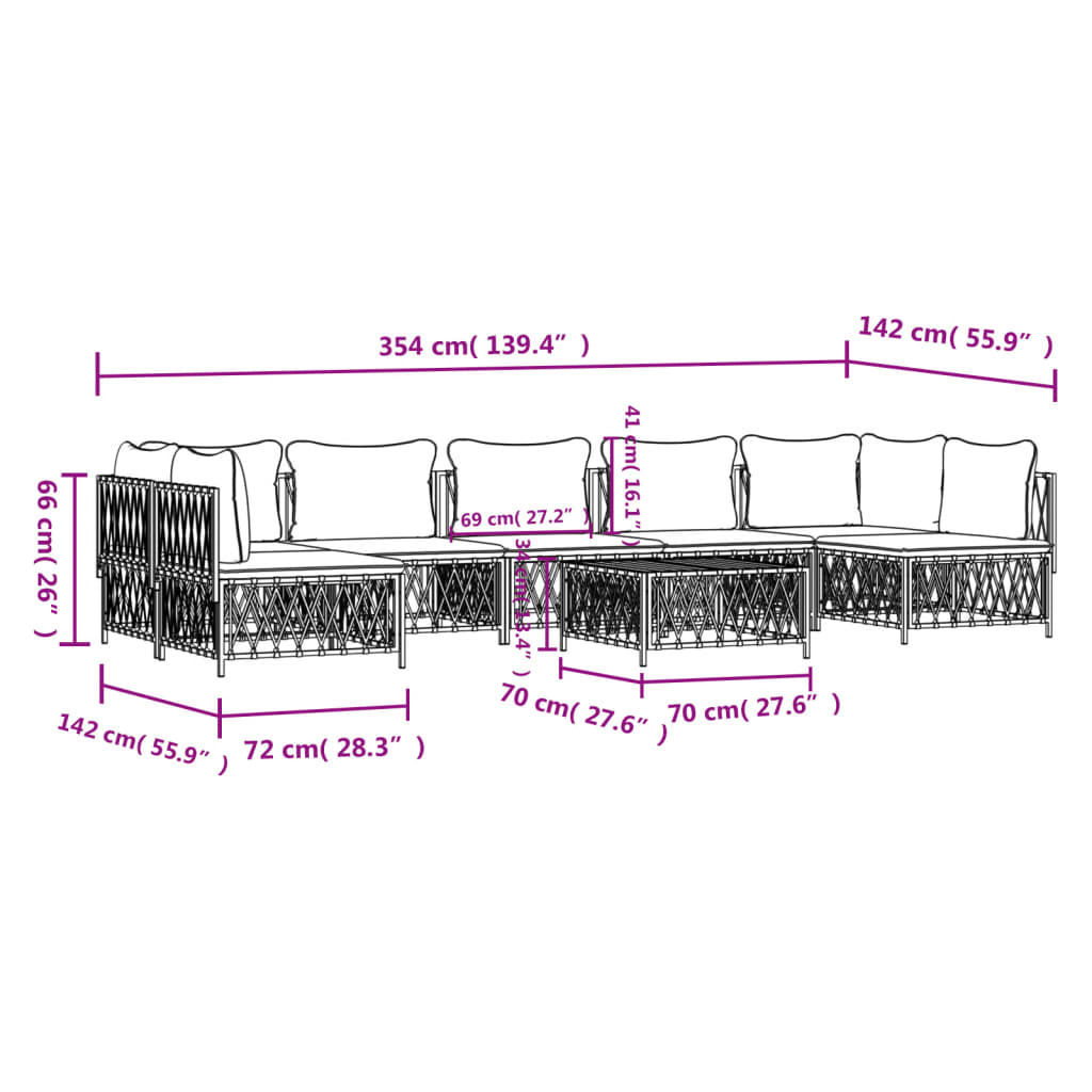 Set mobilier de grădină, 8 piese, cu perne, alb, oțel