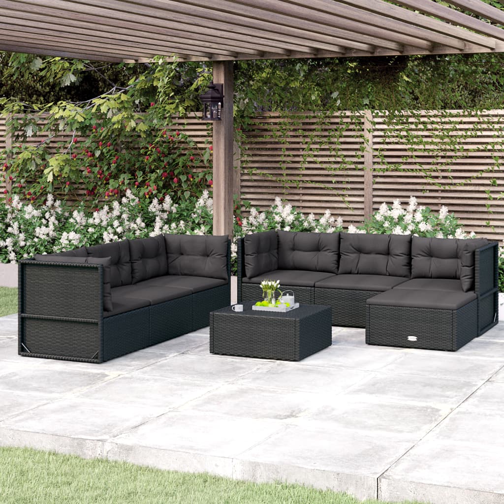 Salon de jardin 7 pcs avec coussins Noir Résine tressée