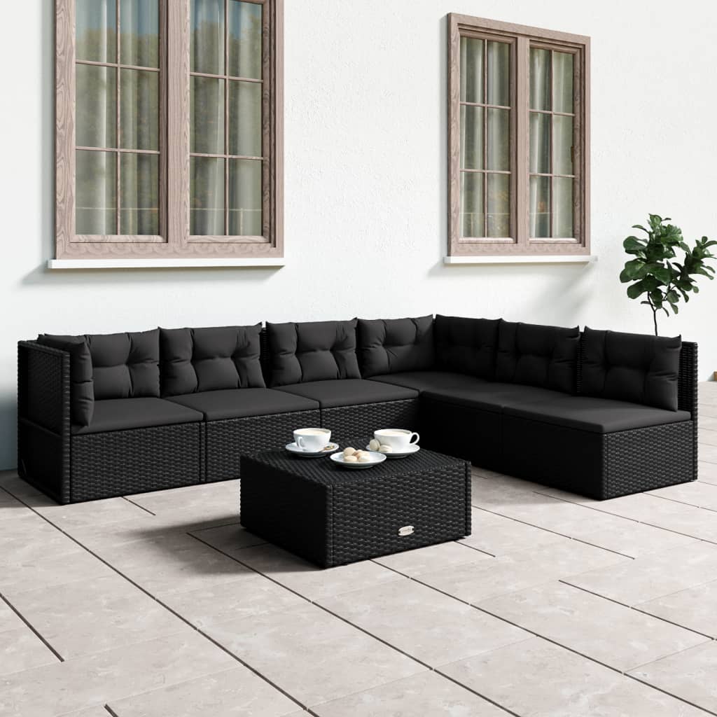 Salon de jardin 6 pcs avec coussins Noir Résine tressée