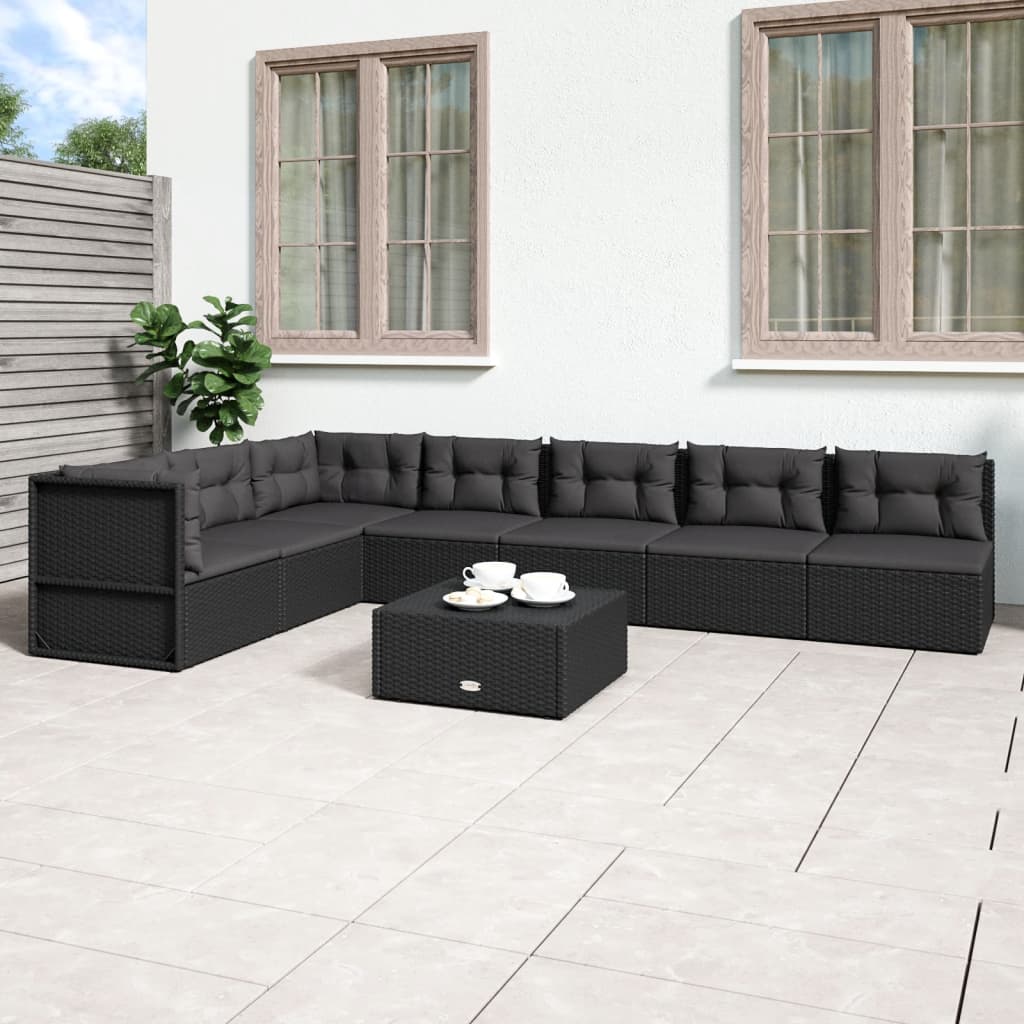 Salon de jardin 7 pcs avec coussins Noir Résine tressée