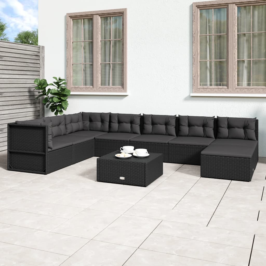 Salon de jardin 8 pcs avec coussins noir résine tressée