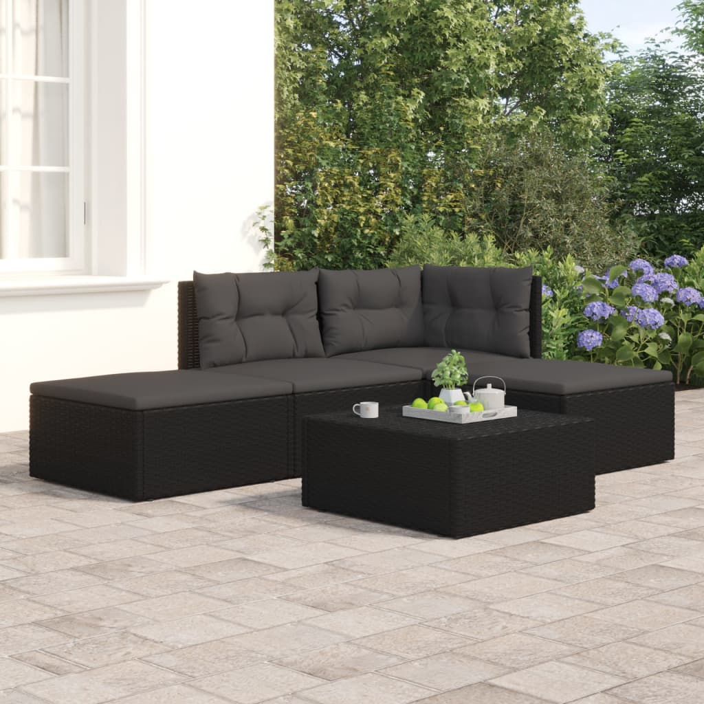 Salon de jardin 4 pcs avec coussins Noir Résine tressée