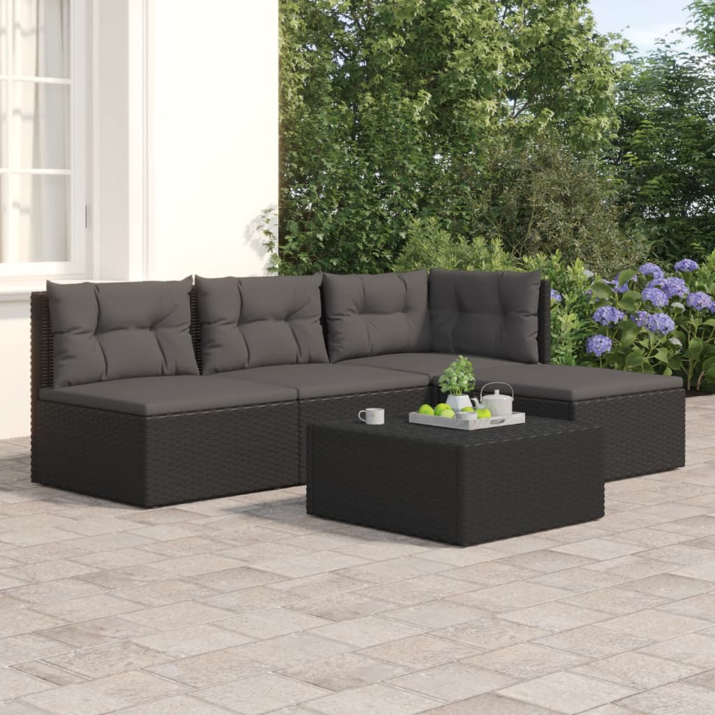 Salon de jardin 4 pcs avec coussins Noir Résine tressée