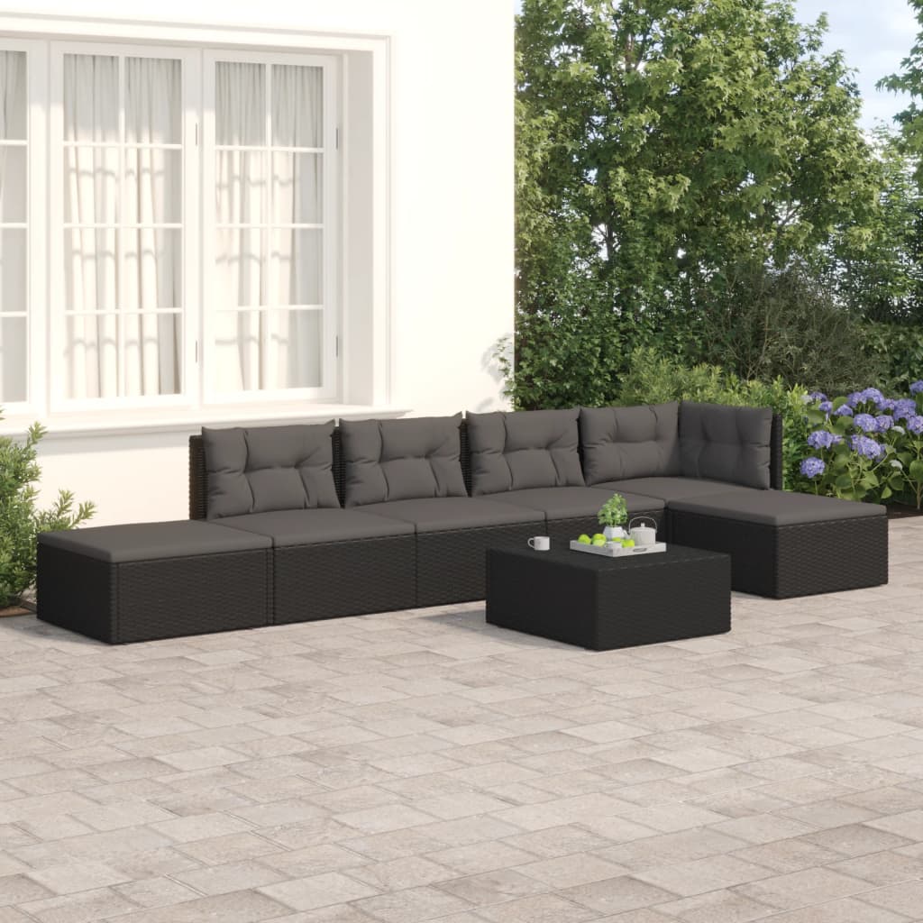 Salon de jardin 6 pcs avec coussins Noir Résine tressée