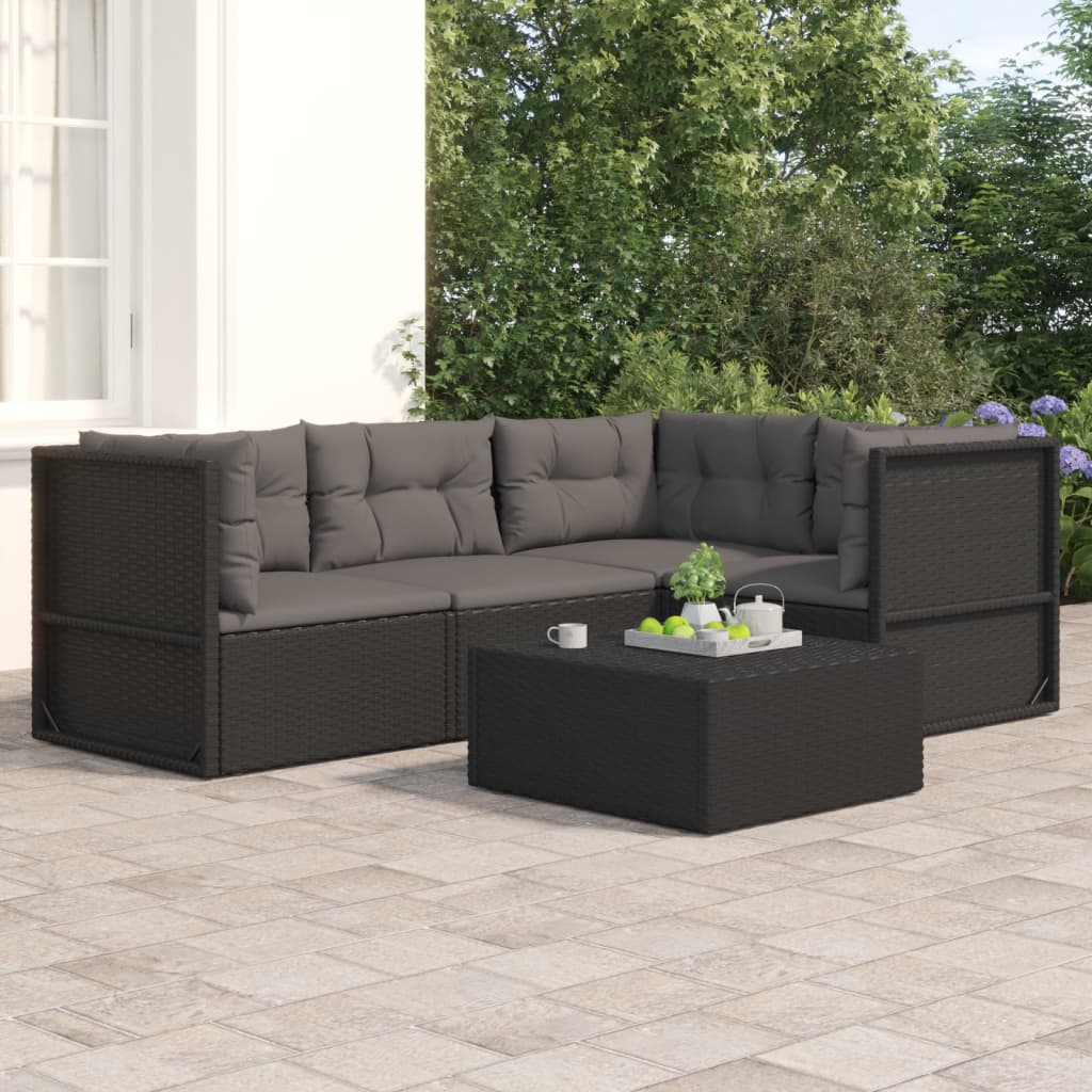 Salon de jardin 4 pcs avec coussins Noir Résine tressée