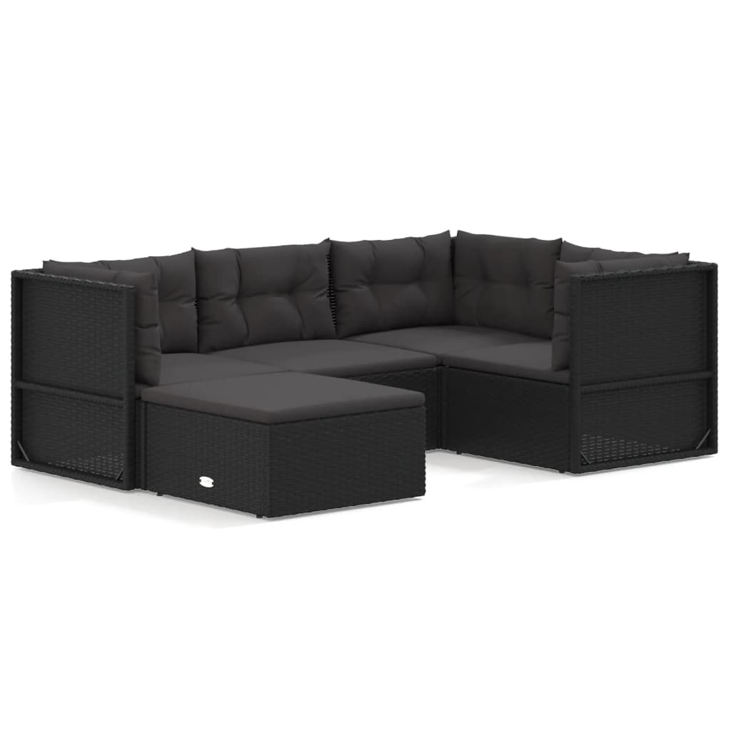 5 Piece Patio Lounge Set with Cushions Black Poly Rattan vidaXL vidaXL