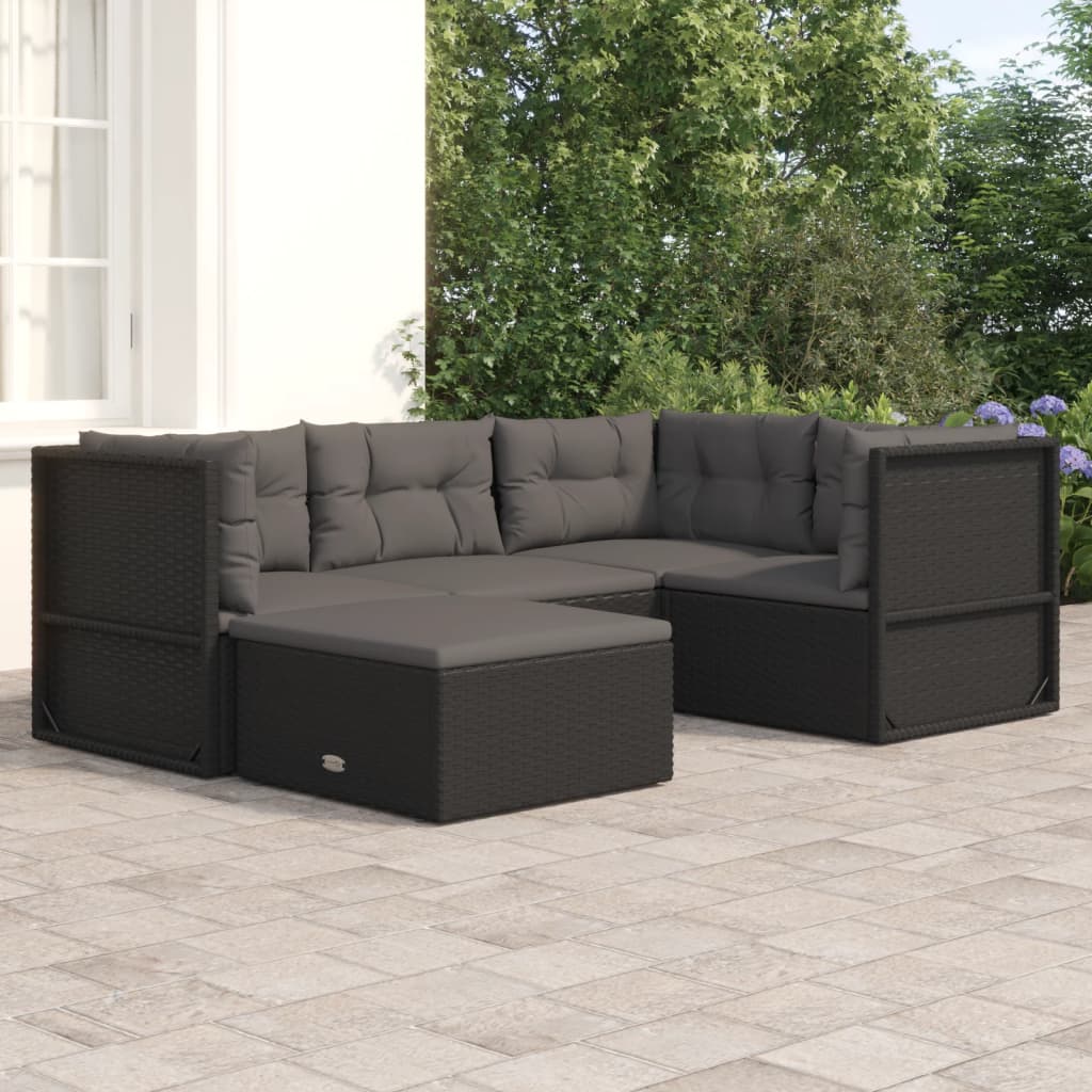 5 Piece Patio Lounge Set with Cushions Black Poly Rattan vidaXL vidaXL