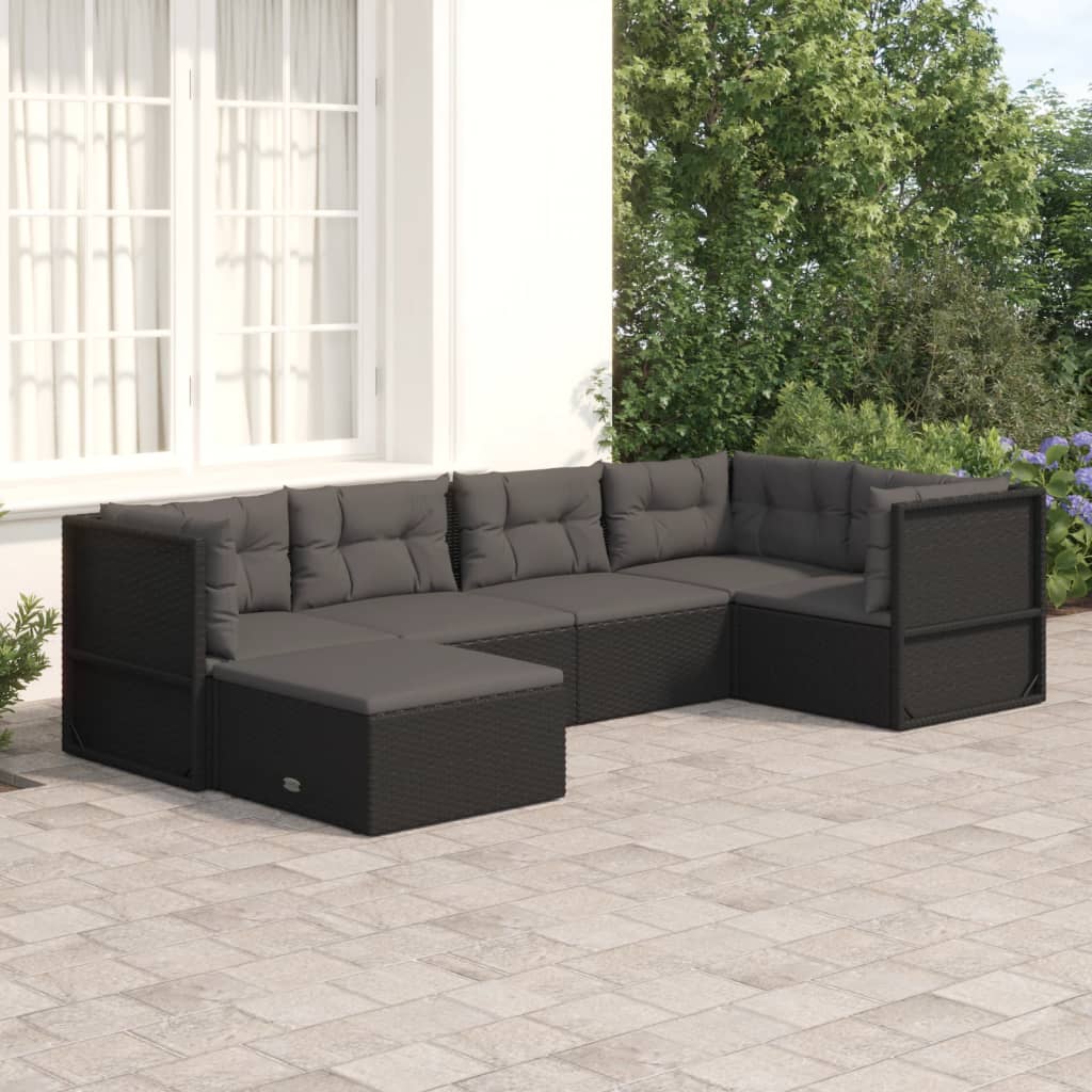 Salon de jardin 6 pcs avec coussins Noir Résine tressée