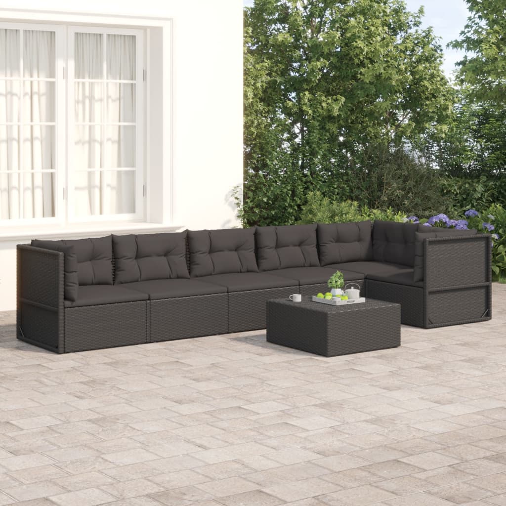Salon de jardin 6 pcs avec coussins Noir Résine tressée