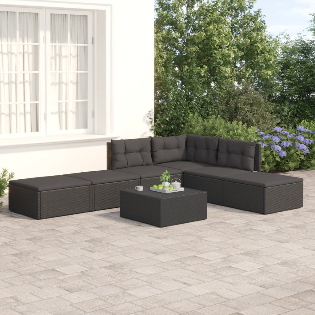 Salon de jardin 6 pcs avec coussins Noir Résine tressée