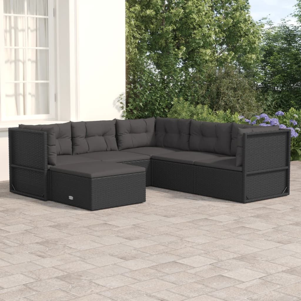 Salon de jardin 6 pcs avec coussins Noir Résine tressée