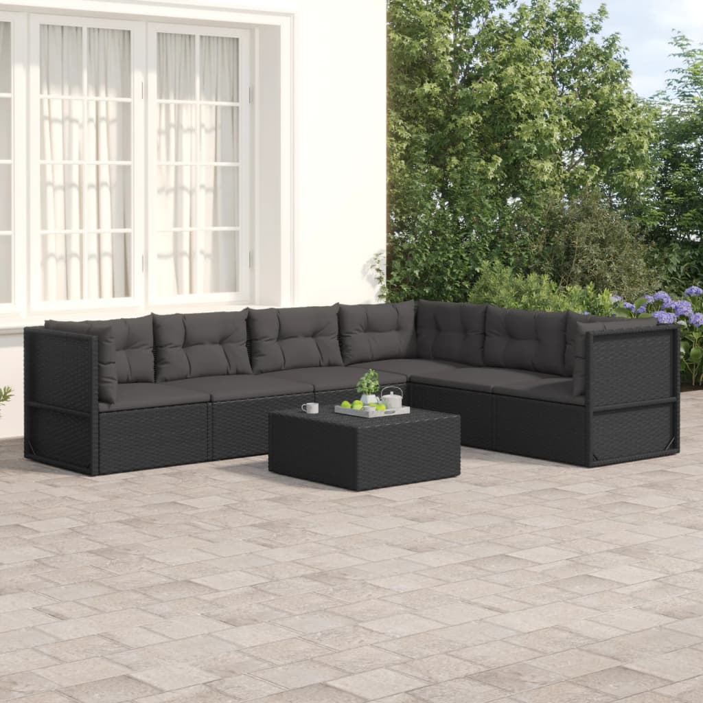 Salon de jardin 6 pcs avec coussins Noir Résine tressée
