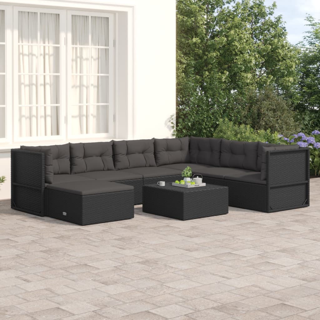 Salon de jardin 7 pcs avec coussins Noir Résine tressée