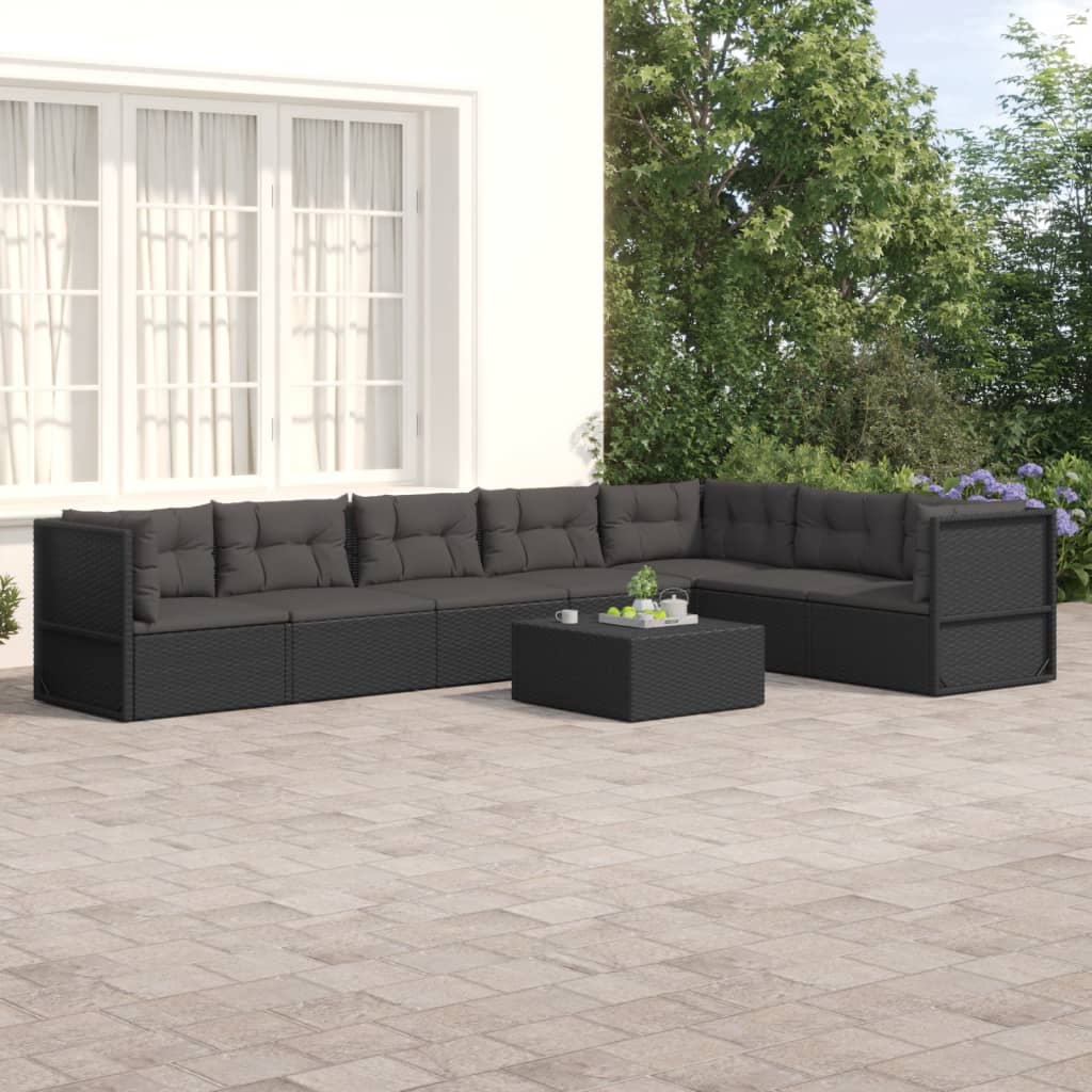 Salon de jardin 7 pcs avec coussins Noir Résine tressée