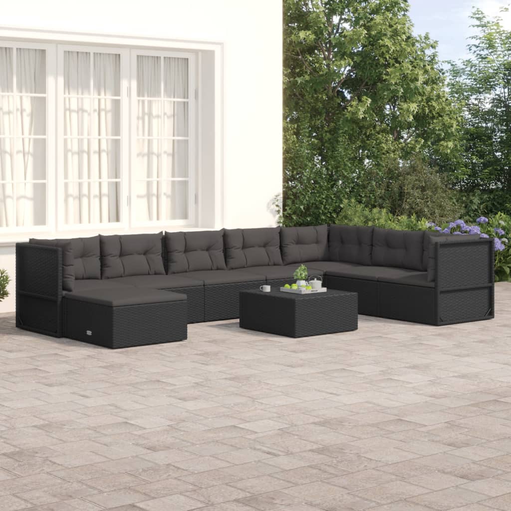 Salon de jardin 8 pcs avec coussins noir résine tressée