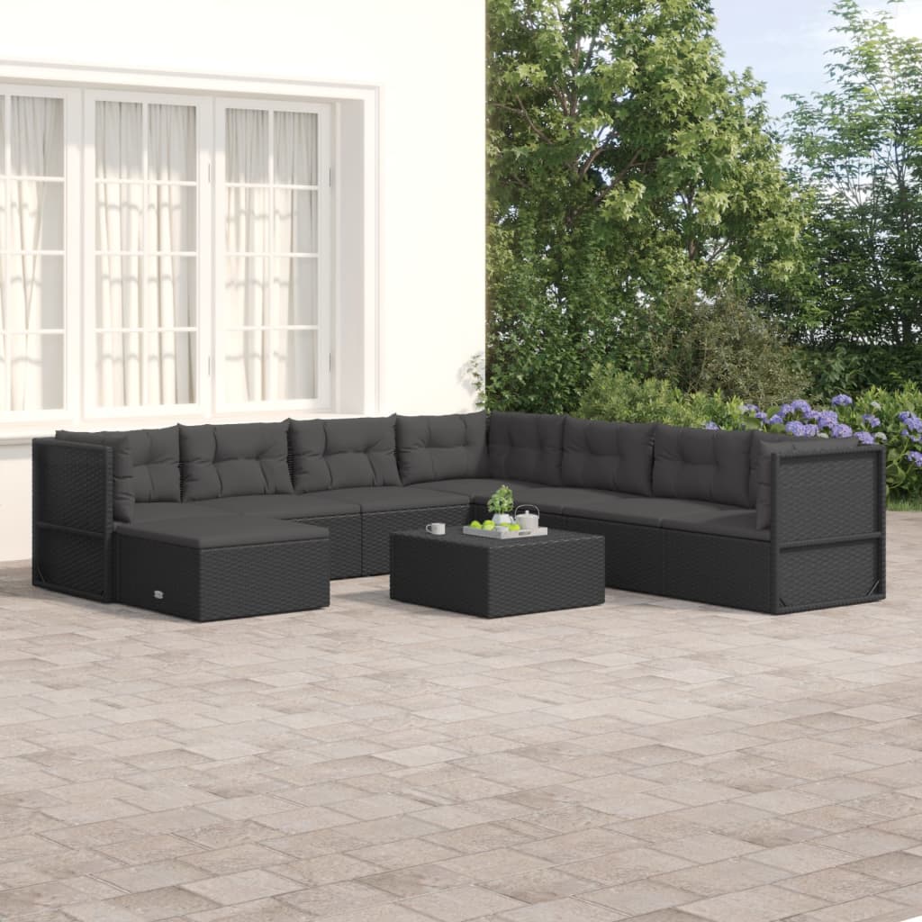 Salon de jardin 8 pcs avec coussins noir résine tressée