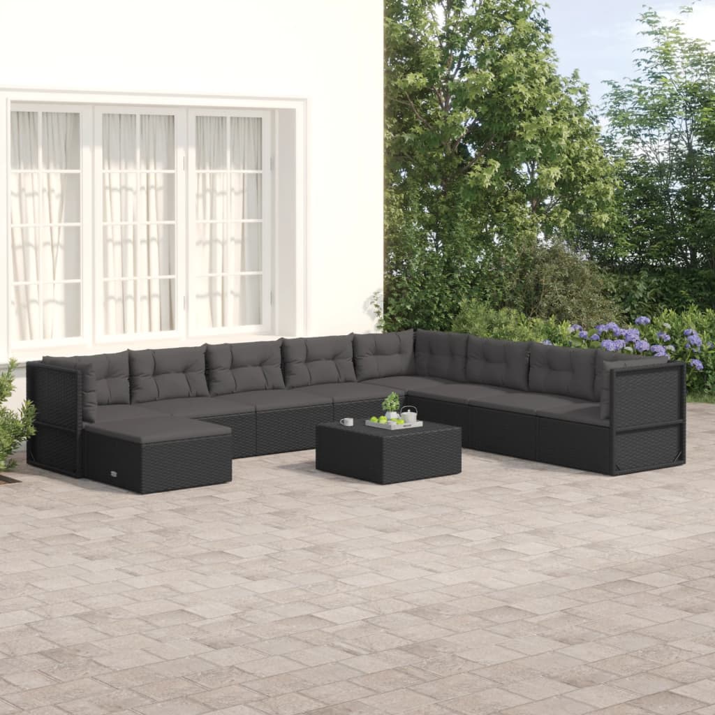 Salon de jardin 9 pcs avec coussins Noir Résine tressée