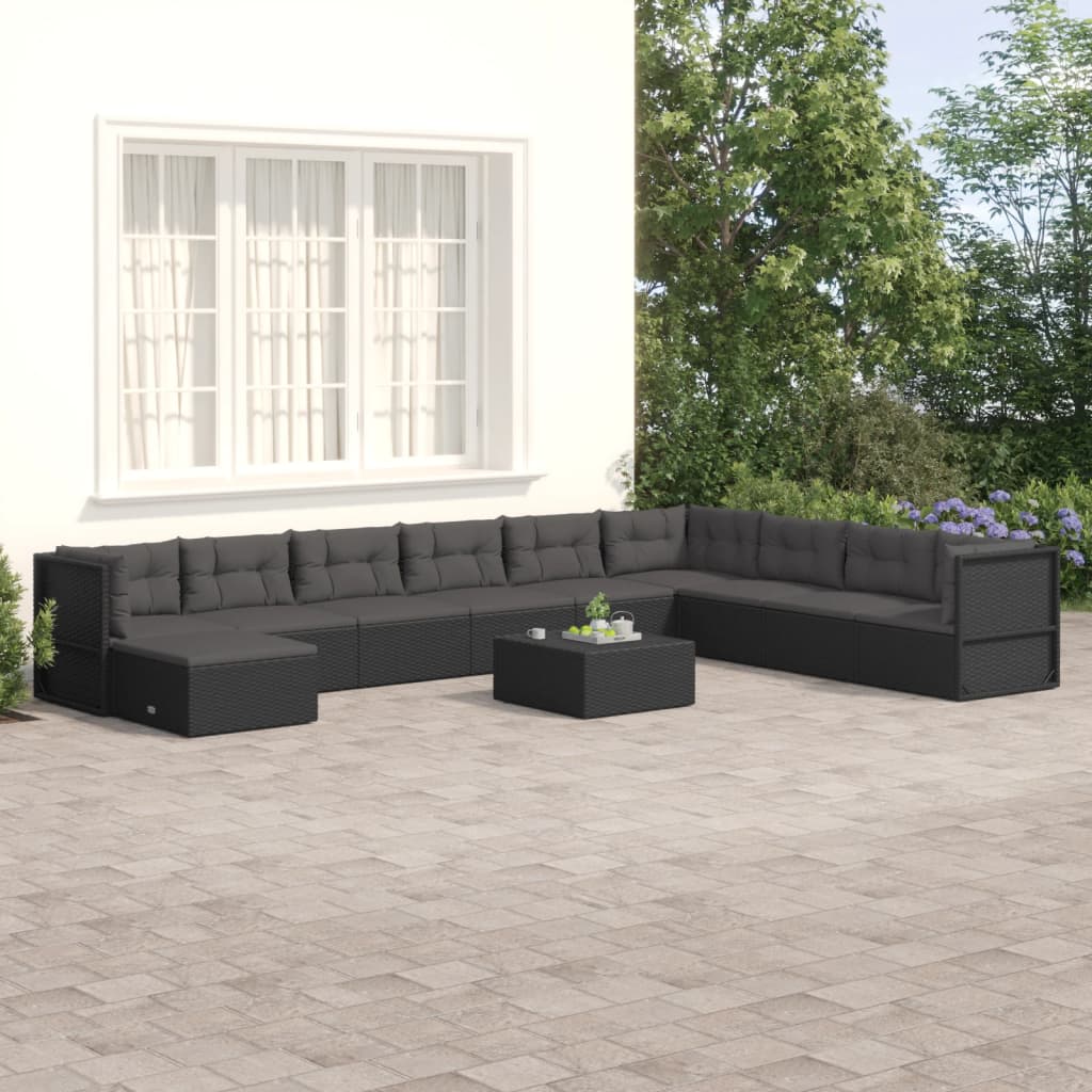 Salon de jardin 10 pcs avec coussins noir résine tressée