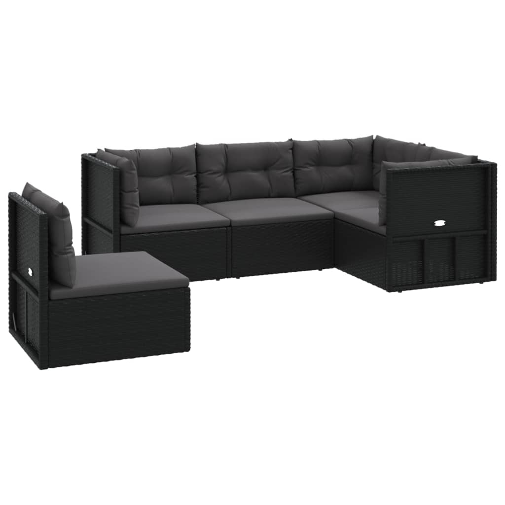 vidaXL 5 pcs conjunto lounge de jardim c/ almofadões vime PE preto