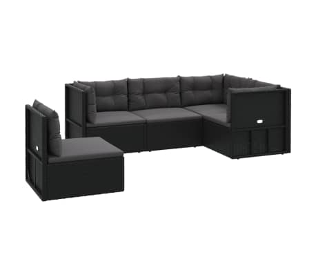 vidaXL 5 pcs conjunto lounge de jardim c/ almofadões vime PE preto