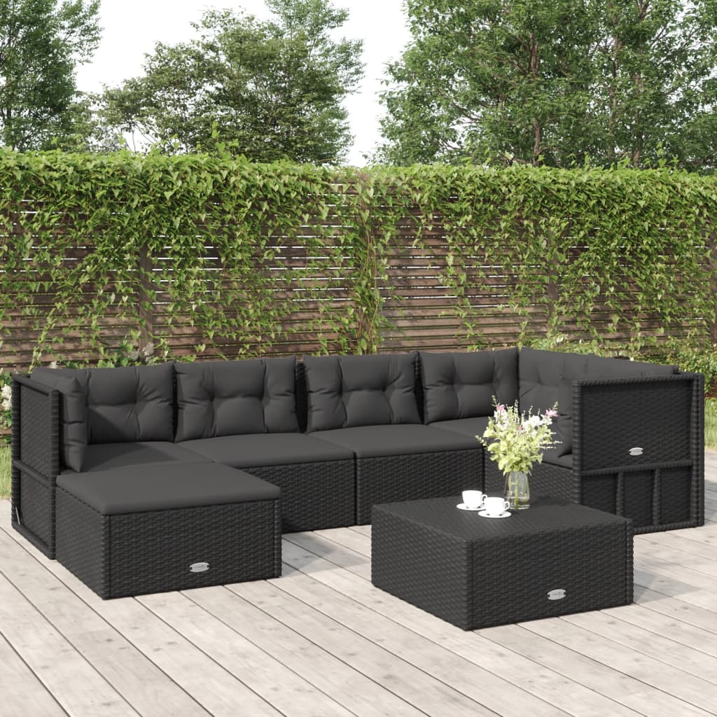 Salon de jardin 6 pcs avec coussins Noir Résine tressée