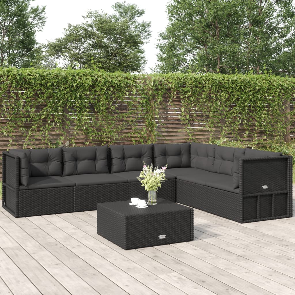 Salon de jardin 6 pcs avec coussins Noir Résine tressée
