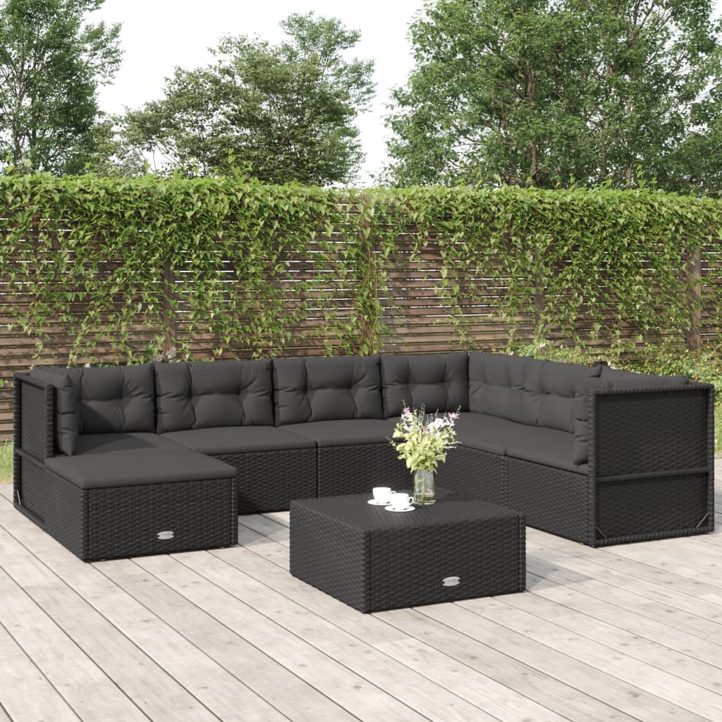 Salon de jardin 7 pcs avec coussins Noir Résine tressée