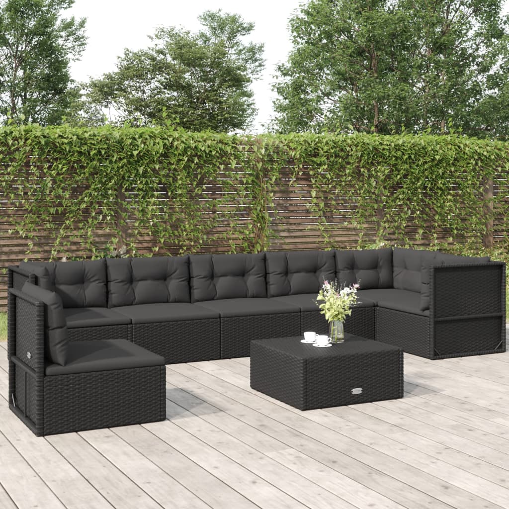 Salon de jardin 7 pcs avec coussins Noir Résine tressée