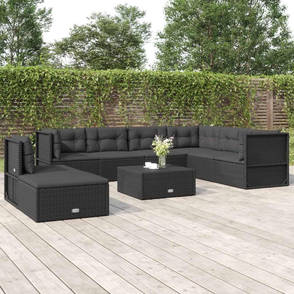 Salon de jardin 8 pcs avec coussins noir résine tressée