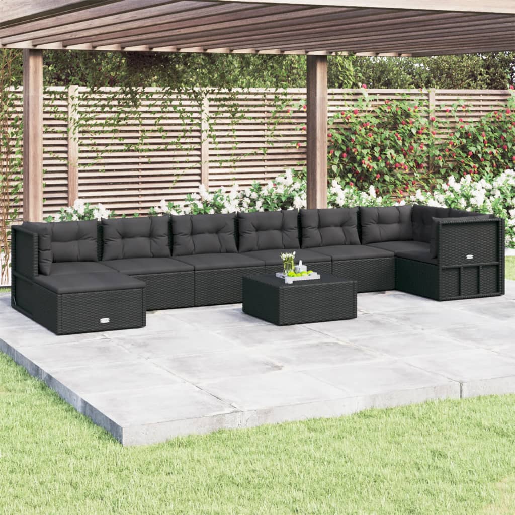 Salon de jardin 8 pcs avec coussins noir résine tressée
