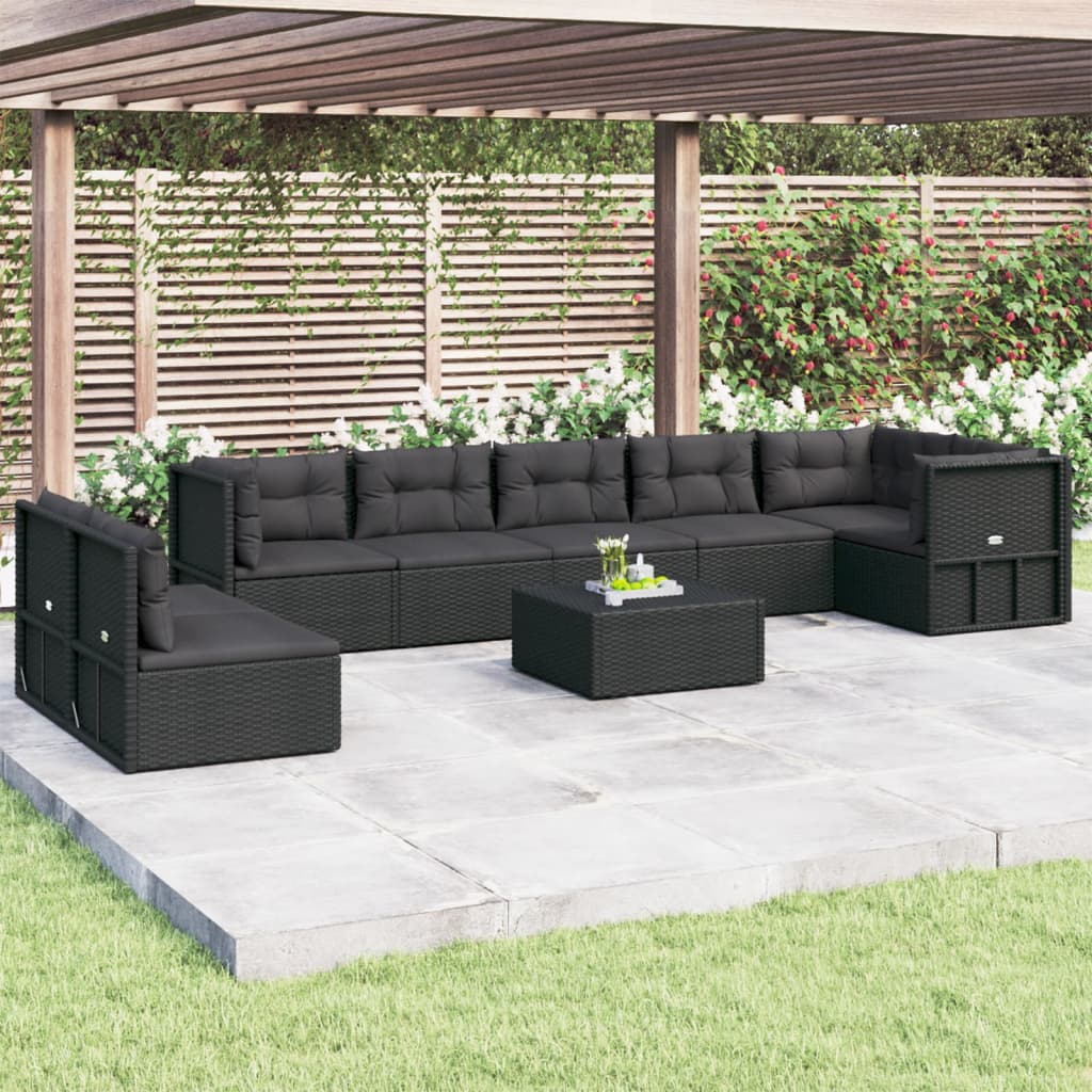 Salon de jardin 8 pcs avec coussins noir résine tressée