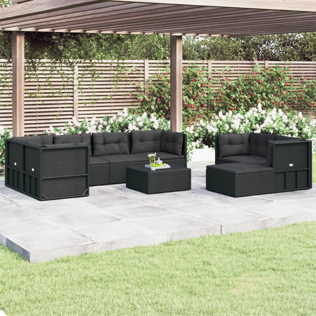 Salon de jardin 8 pcs avec coussins noir résine tressée