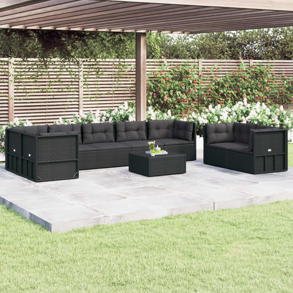 Salon de jardin 8 pcs avec coussins noir résine tressée