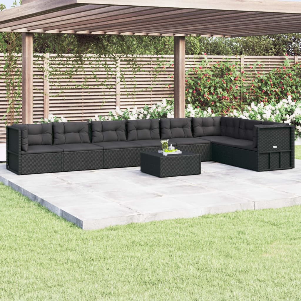 Salon de jardin 8 pcs avec coussins noir résine tressée