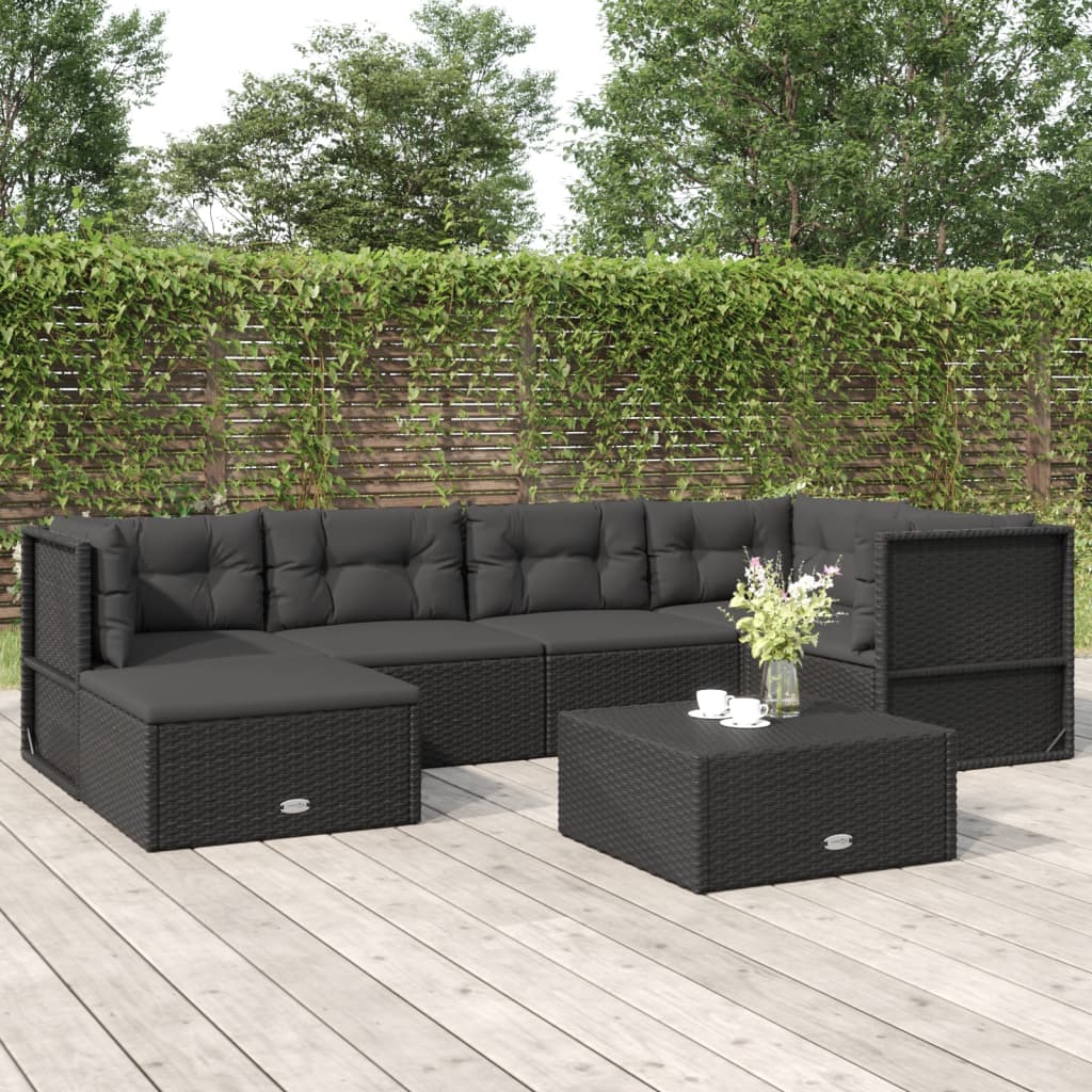 Salon de jardin 6 pcs avec coussins Noir Résine tressée