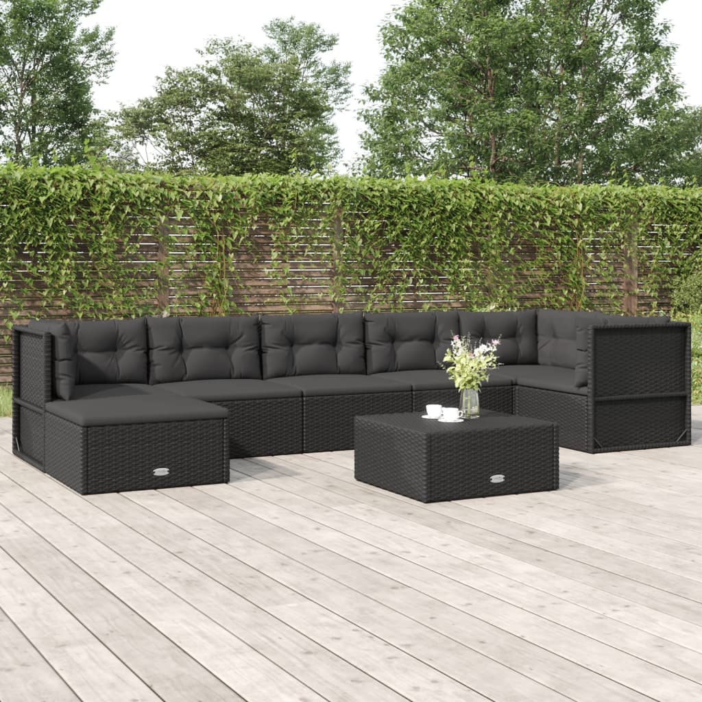 Salon de jardin 7 pcs avec coussins Noir Résine tressée